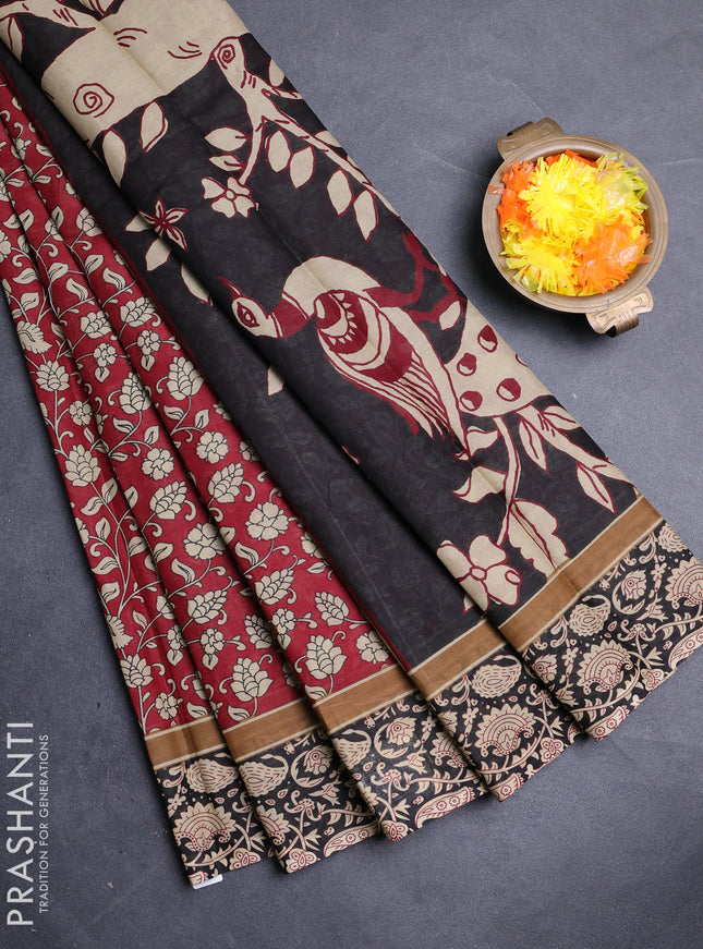 Muslin cotton saree maroon with allover kalamkari prints and printed border