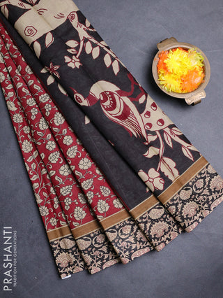 Muslin cotton saree maroon with allover kalamkari prints and printed border