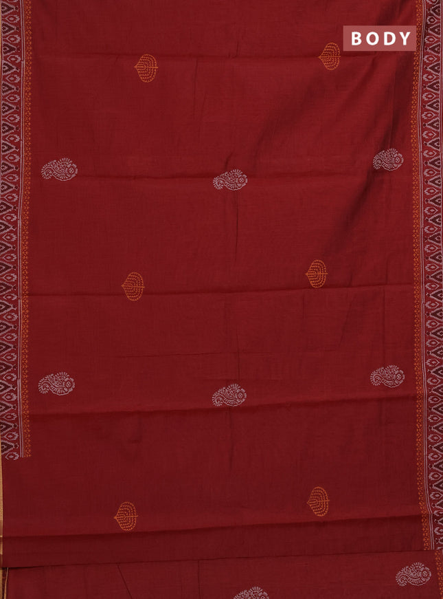 Muslin cotton saree maroon with allover black prints and printed border