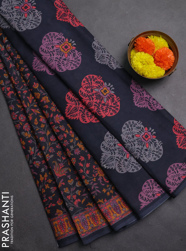 Muslin cotton saree dark grey with allover kalamkari prints and printed border