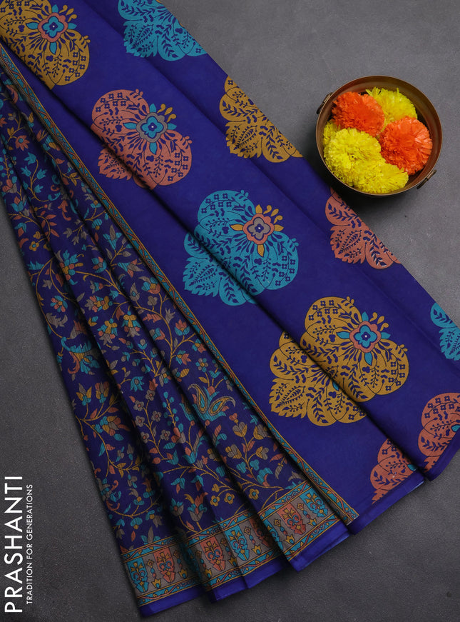 Muslin cotton saree blue with allover kalamkari prints and printed border