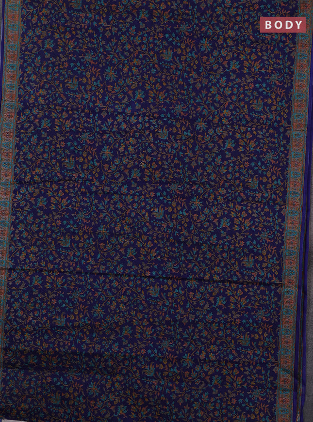 Muslin cotton saree blue with allover kalamkari prints and printed border