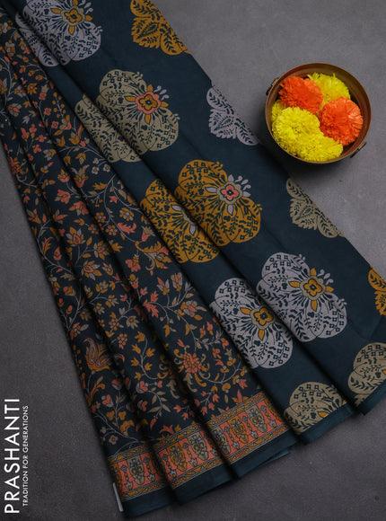 Muslin cotton saree peacock green with allover kalamkari prints and printed border