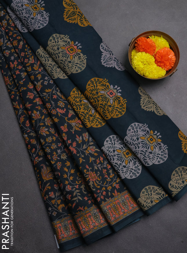 Muslin cotton saree peacock green with allover kalamkari prints and printed border