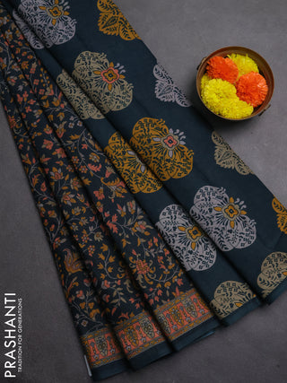 Muslin cotton saree peacock green with allover kalamkari prints and printed border