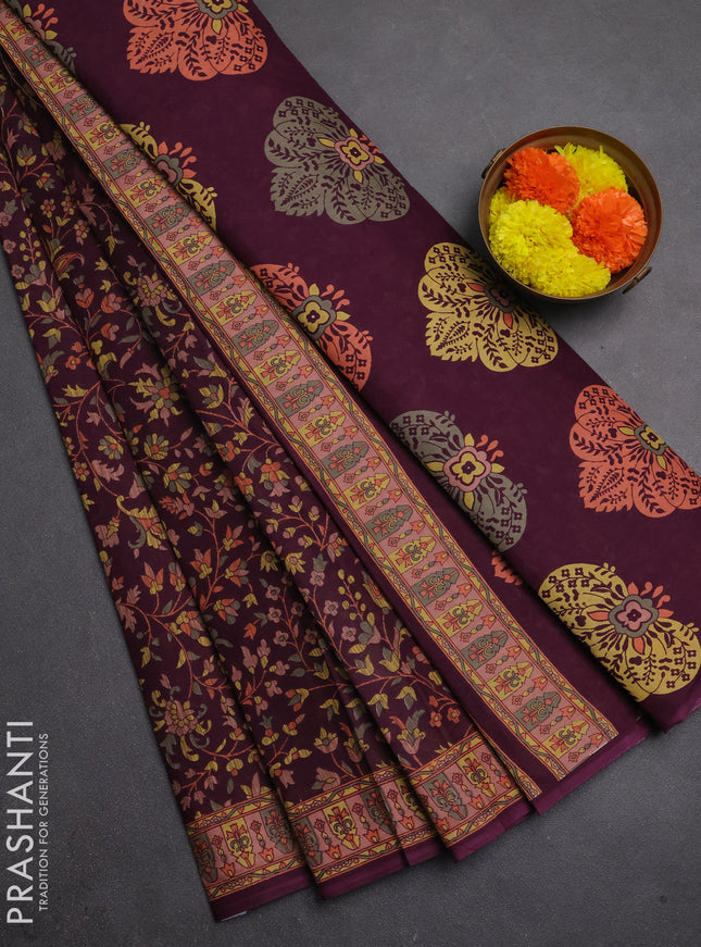 Muslin cotton saree wine shade with allover kalamkari prints and printed border