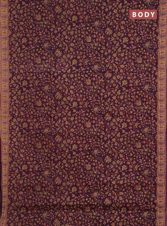 Muslin cotton saree wine shade with allover kalamkari prints and printed border