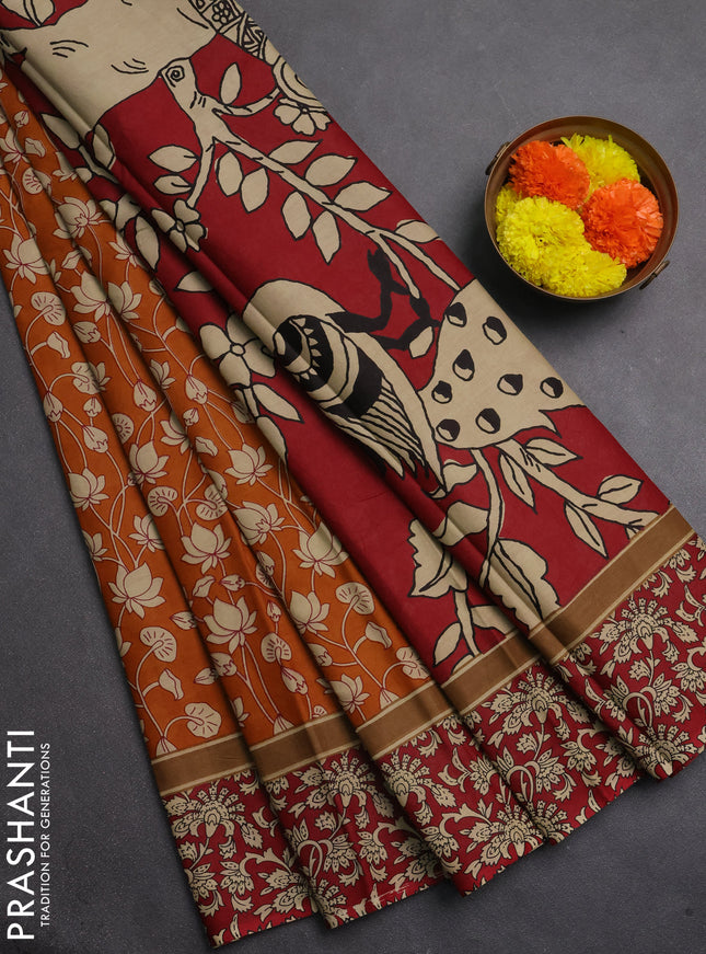 Muslin cotton saree dark mustard and maroon with allover kalamkari prints and printed border