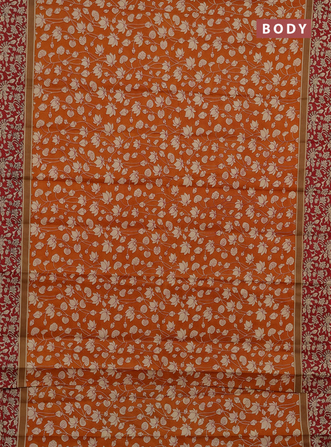 Muslin cotton saree dark mustard and maroon with allover kalamkari prints and printed border