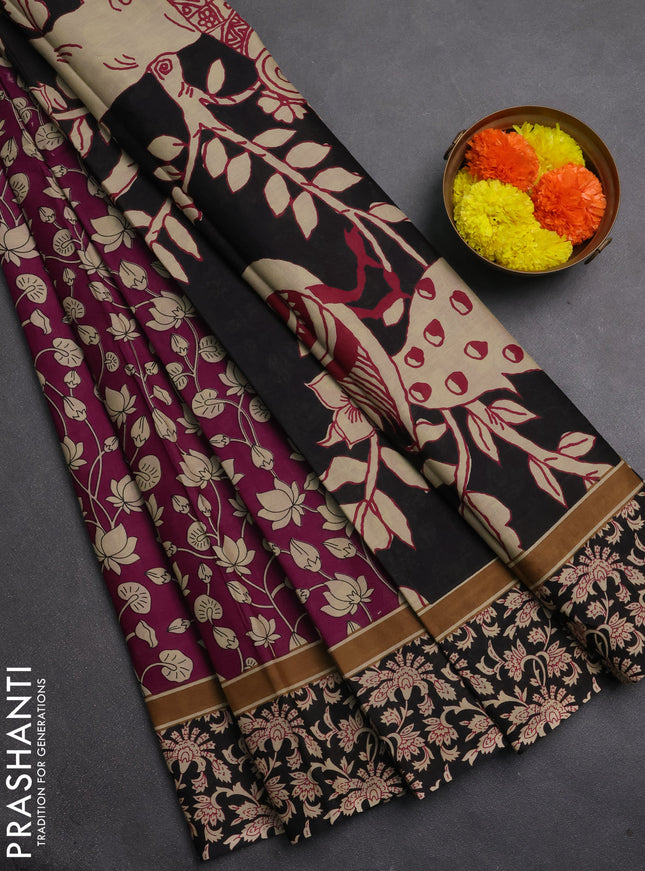 Muslin cotton saree magenta pink and black with allover kalamkari prints and printed border