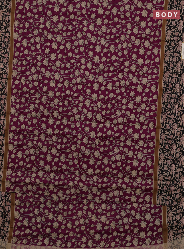 Muslin cotton saree magenta pink and black with allover kalamkari prints and printed border