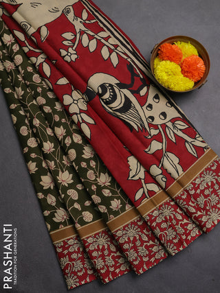 Muslin cotton saree olive green and maroon with allover kalamkari prints and printed border
