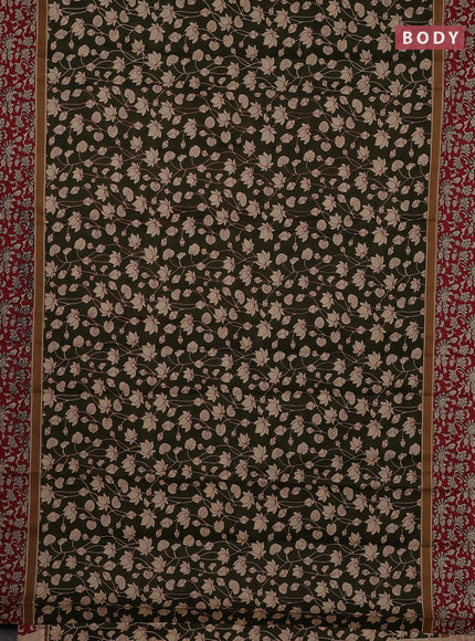 Muslin cotton saree olive green and maroon with allover kalamkari prints and printed border