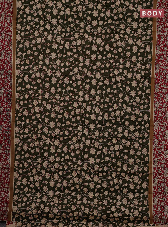 Muslin cotton saree olive green and maroon with allover kalamkari prints and printed border