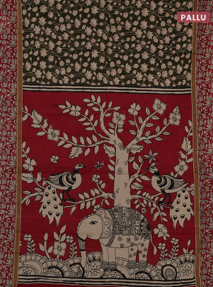 Muslin cotton saree olive green and maroon with allover kalamkari prints and printed border