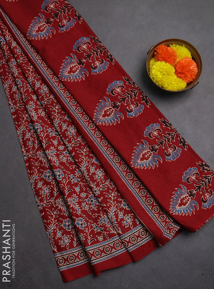 Muslin cotton saree maroon with allover kalamkari prints and printed border