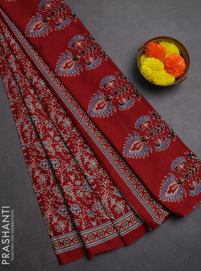 Muslin cotton saree maroon with allover kalamkari prints and printed border