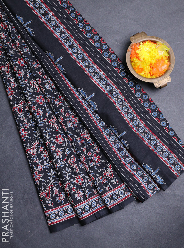 Muslin cotton saree black with allover kalamkari prints and printed border