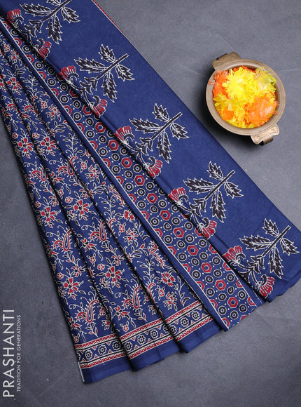 Muslin cotton saree blue with allover kalamkari prints and printed border