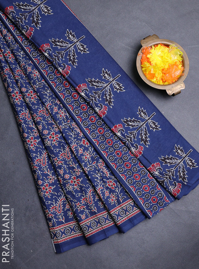 Muslin cotton saree blue with allover kalamkari prints and printed border