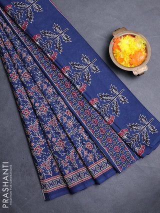 Muslin cotton saree blue with allover kalamkari prints and printed border
