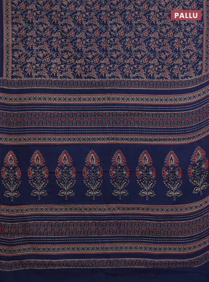 Muslin cotton saree blue with allover kalamkari prints and printed border