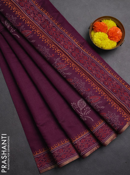 Muslin cotton saree purple with allover black prints and printed border