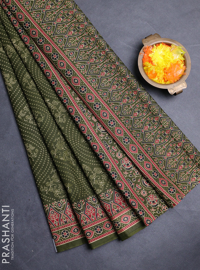 Muslin cotton saree olive green with allover bandhani prints and printed border