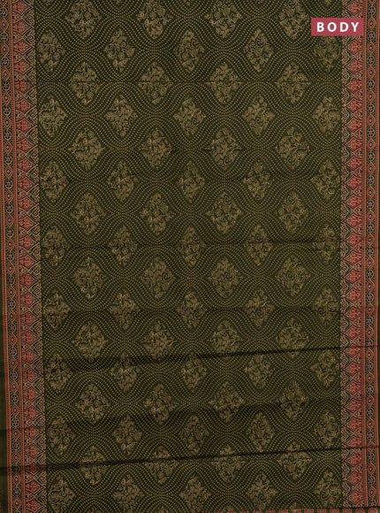 Muslin cotton saree olive green with allover bandhani prints and printed border