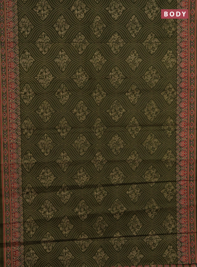 Muslin cotton saree olive green with allover bandhani prints and printed border