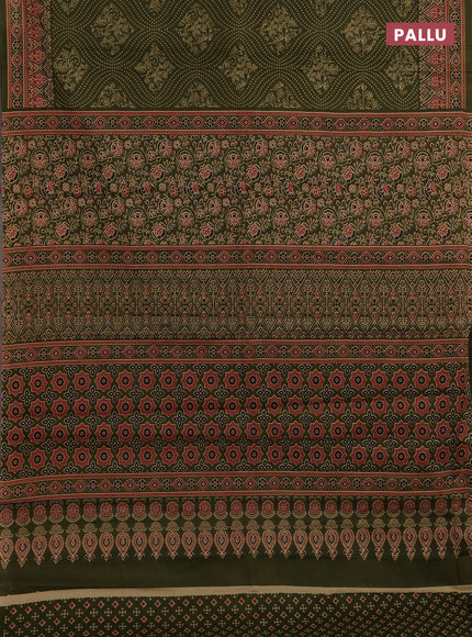 Muslin cotton saree olive green with allover bandhani prints and printed border