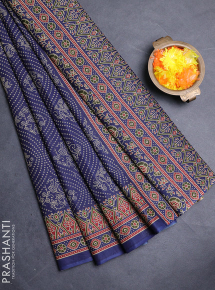 Muslin cotton saree navy blue with allover bandhani prints and printed border