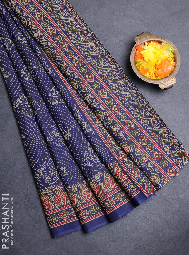 Muslin cotton saree navy blue with allover bandhani prints and printed border
