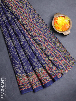 Muslin cotton saree navy blue with allover bandhani prints and printed border