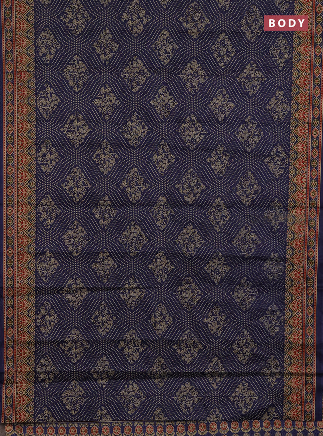 Muslin cotton saree navy blue with allover bandhani prints and printed border