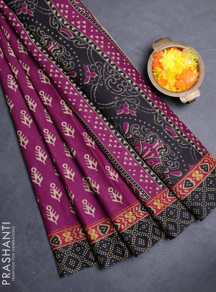 Muslin cotton saree purple and black with allover ikat butta prints and printed border