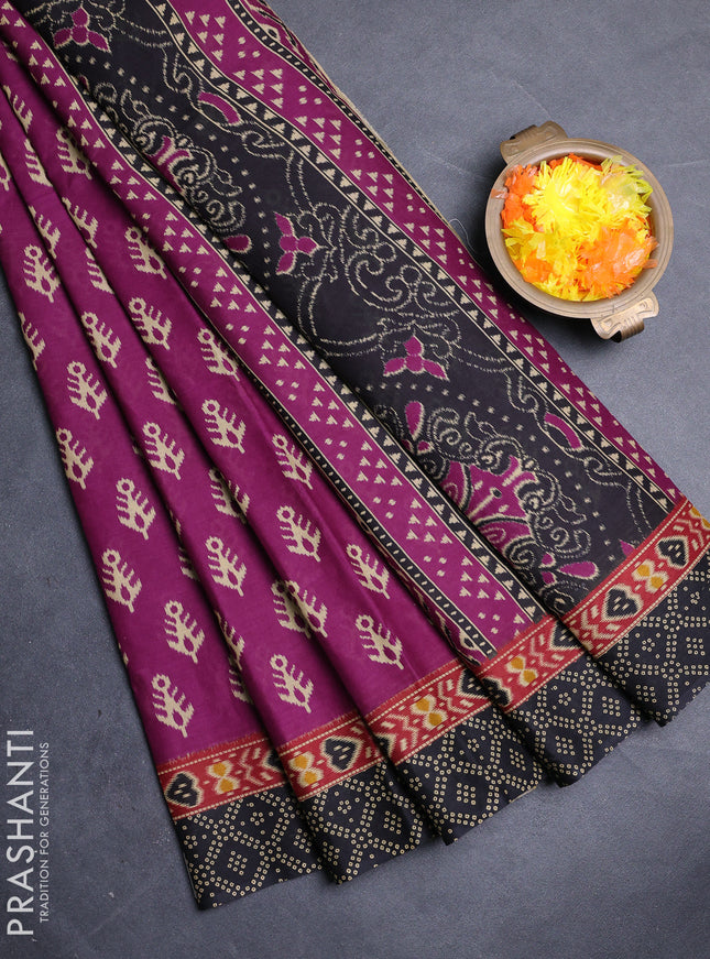 Muslin cotton saree purple and black with allover ikat butta prints and printed border