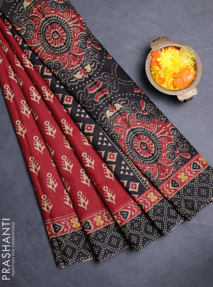 Muslin cotton saree maroon and black with allover ikat butta prints and printed border