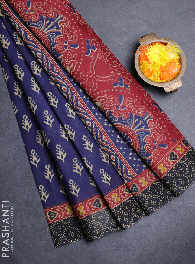 Muslin cotton saree navy blue and black with allover ikat butta prints and printed border