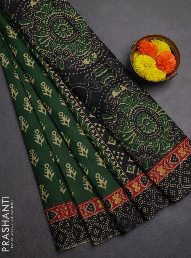 Muslin cotton saree green and black with allover ikat butta prints and printed border