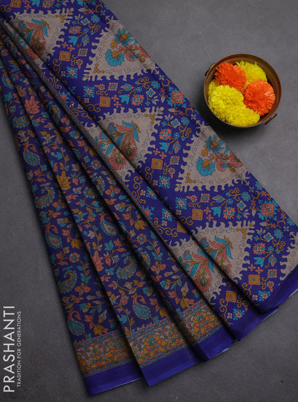 Muslin cotton saree blue with allover kalamkari prints and printed border