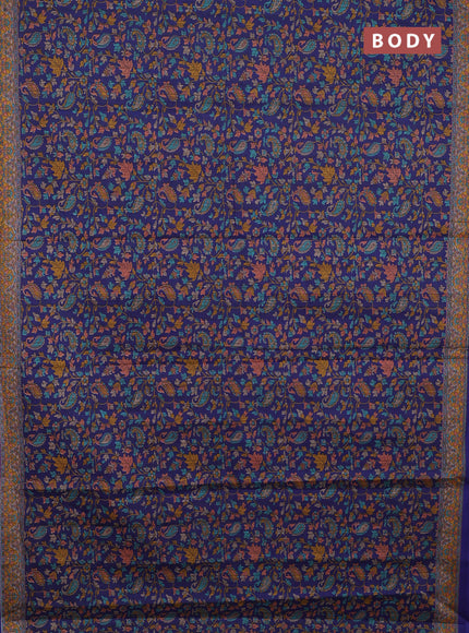 Muslin cotton saree blue with allover kalamkari prints and printed border