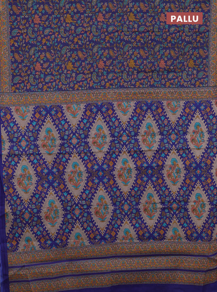 Muslin cotton saree blue with allover kalamkari prints and printed border