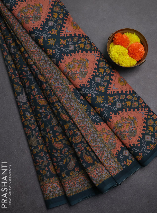 Muslin cotton saree green with allover kalamkari prints and printed border