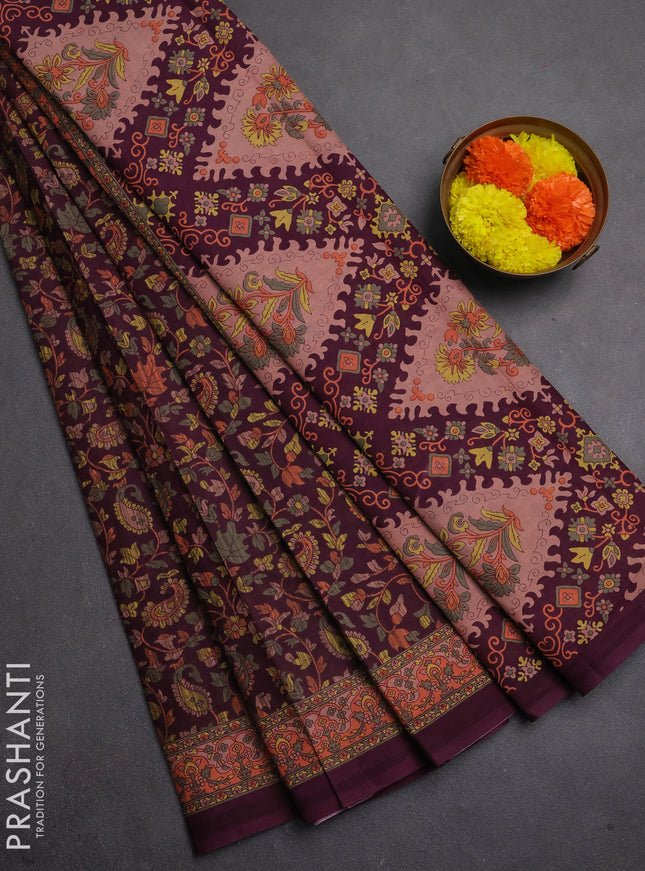 Muslin cotton saree wine shade with allover kalamkari prints and printed border