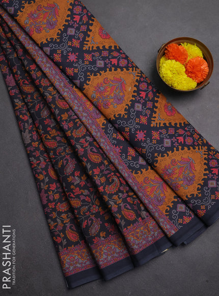 Muslin cotton saree elephant grey with allover kalamkari prints and printed border