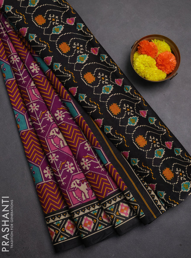Muslin cotton saree purple and black with allover patola prints and printed border