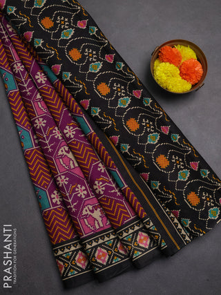 Muslin cotton saree purple and black with allover patola prints and printed border