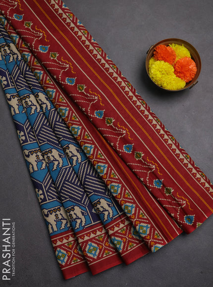 Muslin cotton saree blue and maroon with allover patola prints and printed border