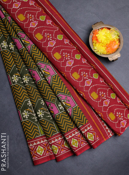 Muslin cotton saree olive green and maroon with allover patola prints and printed border